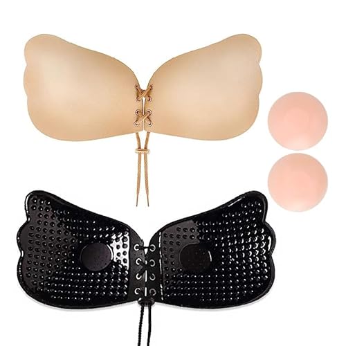 Klebe BH Push Up 2 Stück Klebe Push up BH mit 1 Paar Nippelpads Wiederverwendbare Sticky Bra für Rückenfreie Kleidung (DE/NL/SE/PL, Alphanumerisch, XL, XXL, Große Größen, Regular, D, Farbe, Schwarz) von YOLMFOEV
