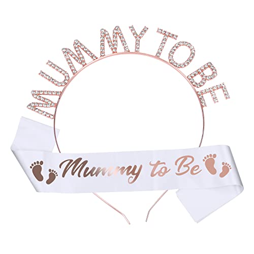 YOLOUP Roségold Mummy to Be Schärpe & Haareif Set Baby Shower Party Deko mit Fußabdrücke Muster Babydusche Schärpe für Schwangere Werdende Mutter Baby Dusche Party Geschenk Dekoration von YOLOUP