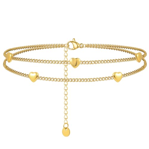 YOLYMODA Fussketten für Frauen Gold, Fußkettchen für Damen Gold mit Herz Anhänger Verstellbare Stapelbare Fußkette Armbänder für Teenager Mädchen Sommer Strand Fußschmuck Geschenk von YOLYMODA