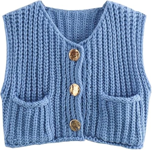 YOMACY Damen Ärmellos Crop Knit Cardigan Grobstrick Ärmellos Cropped Button Sweater Weste Ärmellos Sweater Weste mit Taschen, blau, XL von YOMACY