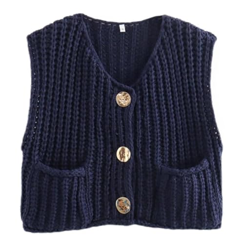 YOMACY Damen Ärmellos Crop Knit Cardigan Grobstrick Ärmellos Cropped Button Sweater Weste Ärmellos Sweater Weste mit Taschen, navy, L von YOMACY