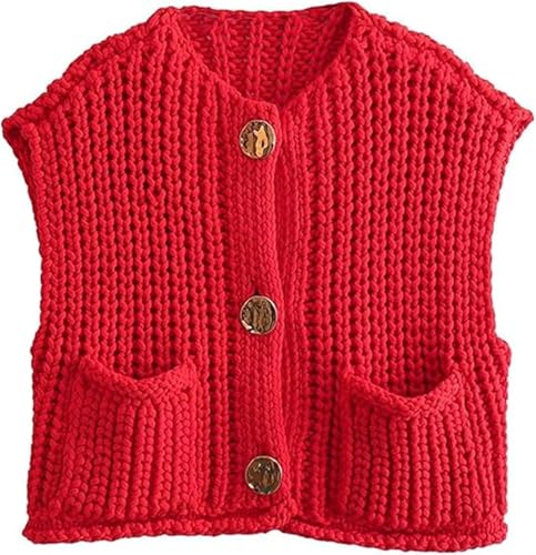 YOMACY Damen Ärmellos Crop Knit Cardigan Grobstrick Cropped Button Sweater Weste mit Taschen, Rot, S von YOMACY