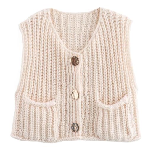 YOMACY Damen Ärmellos Crop Knit Cardigan Grobstrick Ärmellos Cropped Button Sweater Weste Ärmellos Sweater Weste mit Taschen, weiß, XL von YOMACY