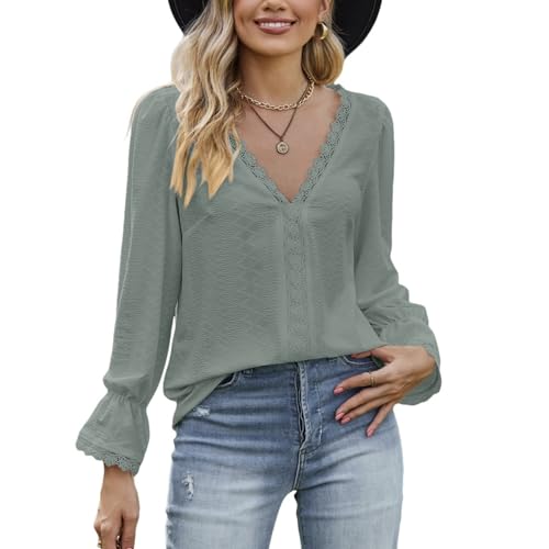 YOMILA Blusen Damen Elegant V Ausschnitt Spitzenärmel Glocke Langarm Langarmshirt Lässige Spitzen Oberteile Tunika Bluse Tops von YOMILA