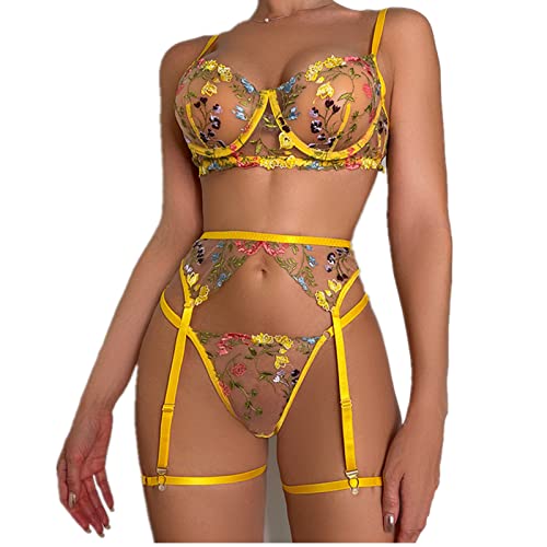 YOMORIO Damen Dessous Set Sexy, 3-Teilig Nachtwäsche Sexy Set Reizwäsche mit BH und Slip mit Spitze Halfter Unterwäsch Weich Strapse Set Große Größen Lingerie Frauen für Weihnachten, Valentinstag von YOMORIO