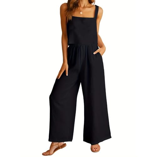 YOMORIO Damen Sommer Zweiteiler Outfit Set Ärmellose Oberteil Top und Hose Elegant Outfits Baumwolle, Leinen Lockere Westenanzug Aus Baumwolle Und Leinen Freizeitanzug Hosenanzug Schwarz S von YOMORIO