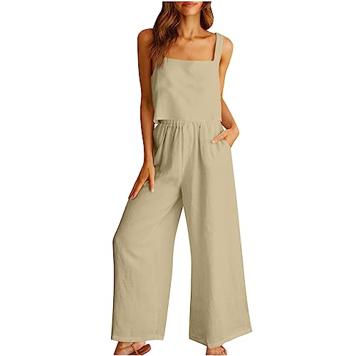 YOMORIO Damen Sommer Zweiteiler Outfit Set Ärmellose Oberteil Top und Hose Elegant Sommer Outfits Baumwolle, Leinen Lockere Westenanzug Aus Baumwolle Und Leinen Freizeitanzug Hosenanzug Khaki L von YOMORIO