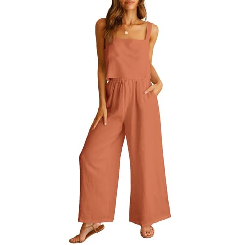 YOMORIO Damen Sommer Zweiteiler Outfit Set Ärmellose Oberteil Top und Hose Elegant Sommer Outfits Baumwolle, Leinen Lockere Westenanzug Aus Baumwolle Und Leinen Freizeitanzug Hosenanzug Rotbraun L von YOMORIO
