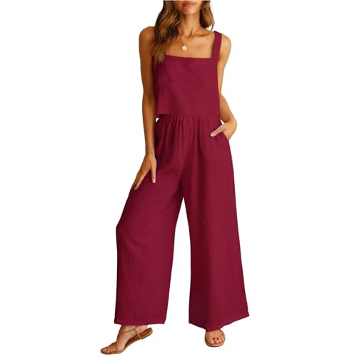 YOMORIO Damen Sommer Zweiteiler Outfit Set Ärmellose Oberteil Top und Hose Elegant Sommer Outfits Baumwolle, Leinen Lockere Westenanzug Aus Baumwolle Und Leinen Freizeitanzug Hosenanzug Weinrot M von YOMORIO