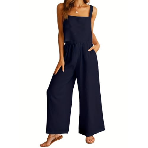 YOMORIO Damen Sommer Zweiteiler Outfit Set Ärmellose Oberteil Top und Hose Elegant Sommer Outfits Baumwolle, Leinen Lockere Westenanzug Aus Baumwolle Und Leinen Freizeitanzug mit Taschen Hosenanzug von YOMORIO