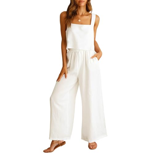 YOMORIO Damen Sommer Zweiteiler Outfit Set Ärmellose Oberteil Top und Hose Elegant Sommer Outfits Baumwolle S Weiß von YOMORIO