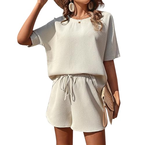 YOMORIO Damen Zweiteiler Elegant Outfits, Sommer Hosenanzug Tracksuit Kurzarm Rundhalsausschnitt 2 Teiler Set Crop Tank Top und Shorts Workout Jogginganzug Set Sport Anzug Beige XL von YOMORIO