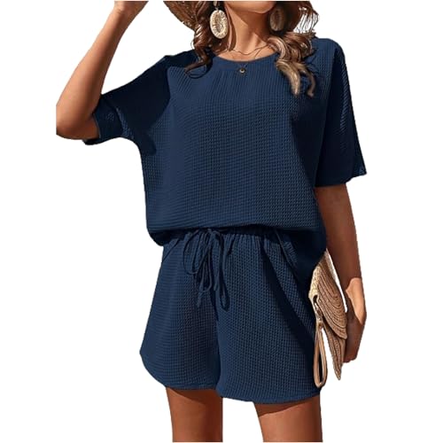 YOMORIO Damen Zweiteiler Elegant Outfits, Sommer Hosenanzug Tracksuit Kurzarm Rundhalsausschnitt 2 Teiler Set Crop Tank Top und Shorts Workout Jogginganzug Set Sport Anzug Kleidung von YOMORIO