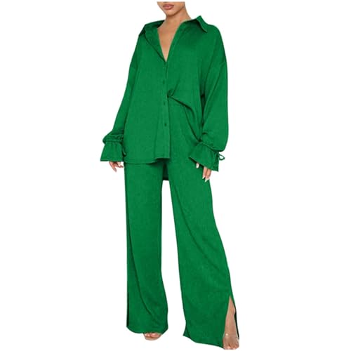 YOMORIO Damen Zweiteiler Sommer Outfits, Elegant Freizeitanzug Casual Oberteile und Weite Beine Hose Festlich Hosenanzug 2-teiler Set Sommer Outfits Kleidung Elegant Loungewear Streetwear Anzug von YOMORIO