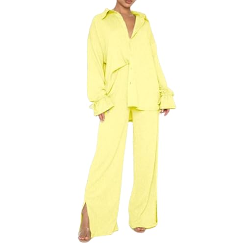 YOMORIO Damen Zweiteiler Sommer Outfits, Elegant Freizeitanzug Casual Oberteile und Weite Beine Hose Festlich Hosenanzug 2-teiler Set Sommer Outfits Kleidung Elegant Loungewear Streetwear Anzug von YOMORIO