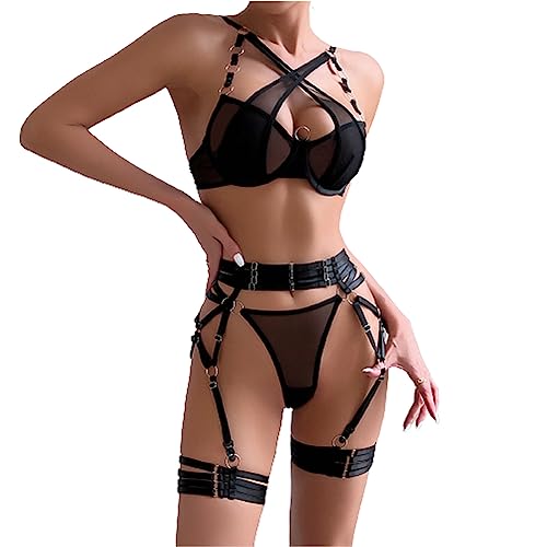 YOMORIO Dessous Damen Set, Unterwäsche Frauen Sexy 3-teiliges Set Lingerie Sexy for Women Strapsen Reizwäsche Bodysuit Rückenfreies Babydoll Unterhose Negligee Nachtwäsche mit BH, Slip, Gürtel Anzug von YOMORIO