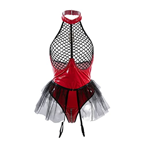 YOMORIO Dessous Damen Sexy, Lackleder Sexy Reizwäsche Bodysuit Rückenfreies Babydoll Unterwäsche Outfit Unterhose Negligee Nachtwäsche Gürtel Sexy Unterwäsche Lingerie mit Gazerock von YOMORIO