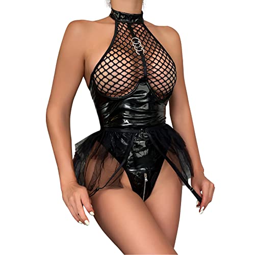 YOMORIO Dessous Damen Sexy, Reizwäsche Hochwertig Bodysuit Lackleder Rückenfreies Babydoll Unterwäsche Outfit Unterhose Negligee Nachtwäsche Gürtel Sexy Lingerie mit Gazerock von YOMORIO