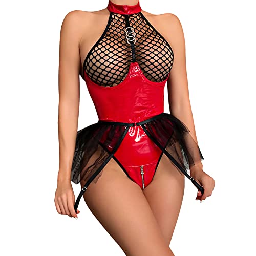 YOMORIO Dessous Damen Sexy, Reizwäsche Hochwertig Bodysuit Lackleder Rückenfreies Babydoll Unterwäsche Outfit Unterhose Negligee Nachtwäsche Gürtel Sexy Lingerie mit Gazerock von YOMORIO