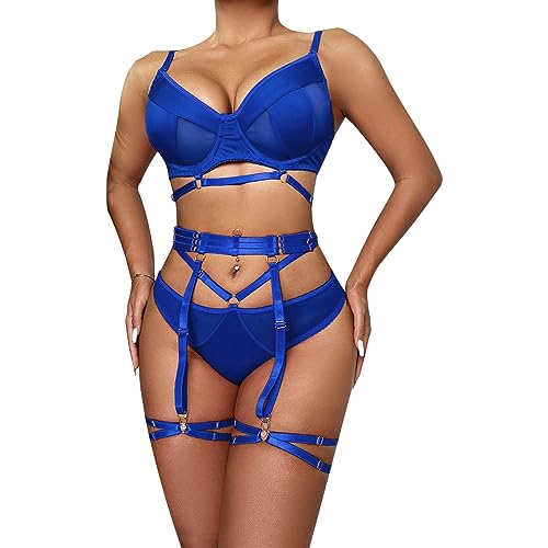 YOMORIO Dessous Damen Sexy Set, Strapsen Dessouse Sexy Nachtwäsche Reizwäsche Bodysuit Rückenfreies Babydoll Unterwäsche Outfit Unterhose Negligee Sexy 4-teilige Lingerie mit Strumpfband, Tanga von YOMORIO