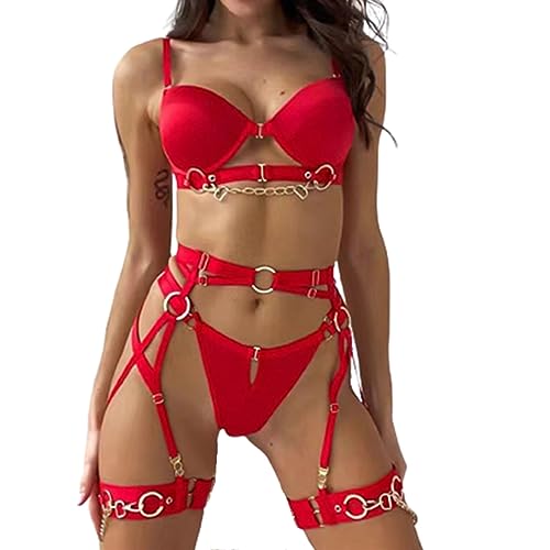 YOMORIO Dessous Damen Sexy Set, Strapsen Dessouse Sexy Reizwäsche Bodysuit Unterwäsche Rückenfreies Babydoll Outfit Nachtwäsche Gürtel Sexy Negligee 4-teilige Lingerie mit Unterhose Strumpfband von YOMORIO