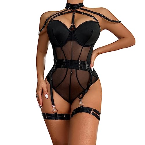 YOMORIO Dessous Damen Sexy Set, Unterwäsche für Frau Bodysuit Lingerie Outfit Reizwäsche Sleepwear Babydoll Minikleid Tanga Sexy Negligee Strapsen Dessous Sexy Set mit Strumpfband Nachtwäsche von YOMORIO