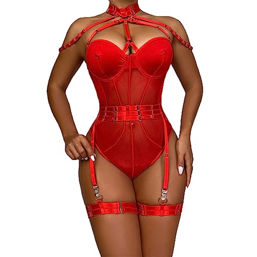 YOMORIO Dessous Damen Sexy Set, Unterwäsche für Frau Bodysuit Lingerie Outfit Reizwäsche Sleepwear Babydoll Minikleid Tanga Sexy Negligee Strapsen Dessous Sexy Set mit Strumpfband Nachtwäsche von YOMORIO