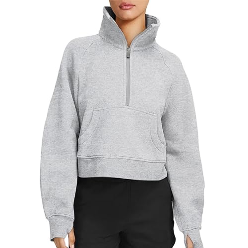 YOMORIO Pullover Damen, Sweatshirt Damen mit Zipper Kapuzenpullover Tops mit Tasche Rundhalsausschnitt Pulli Ohne Kapuze Classic Sweatjacke Damen Winter Oberteile Elegant Basic Langarmshirt von YOMORIO