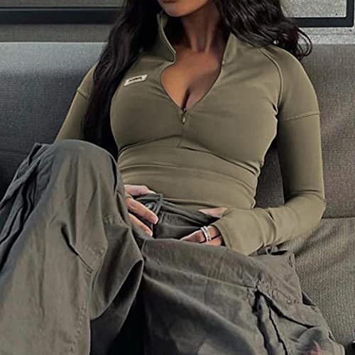 YOND Frauen Y2K Tops Reißverschluss Langarm Kausal Basic Dünnes T-Shirt Streetwear Feste Pullover Harajuku Crop Tops Weibliche Kleidung-ArmyGreen,L von YOND