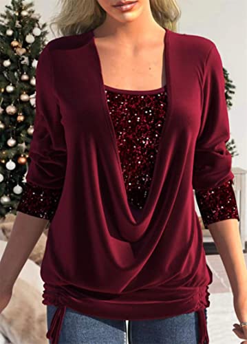 YOND Mode Pailletten Spleißen Big Drop Neck Gefälschte Zweiteilige Tops Frauen Lose Plissee T-Shirts Einfarbig Pendler Baumwolle T-Shirts Weiblich-Rot,S von YOND