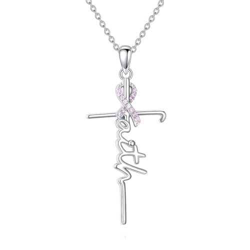 YONFQE Brustkrebs Bewusstseins Halskette S925 Sterling Silber Brustkrebs Anhänger Halskette Brustkrebsbewusstsein Glaubensschmuck Geschenk für Frauen von YONFQE