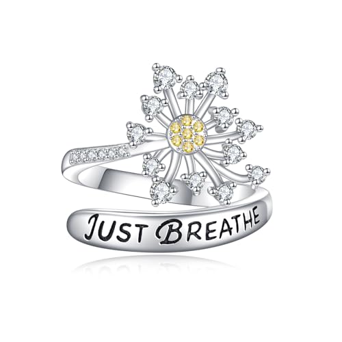 YONFQE Just Breathe Ringe für Damen S925 Sterling Silber einfach atmen Hoffnung Löwenzahn offener verstellbarer Daumen Ring inspirierende Ermutigung Schmuck Geschenke für Frauen von YONFQE
