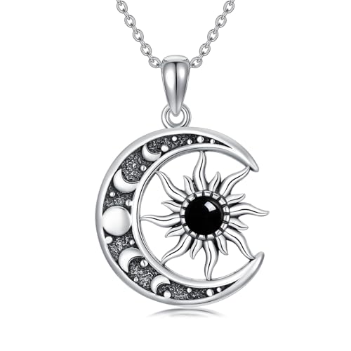 YONFQE Sonne und Mond Halskette 925 Sterling Silber Mond Anhänger Halskette Sonne Schmuck Geschenk für Frauen Mama Frau Bestfriends (Schwarzer Onyx) von YONFQE