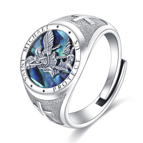 YONFQE St Michael Ring für Herren 925 Sterling Silber Erzengel Michael Offener Verstellbarer Siegel Ring Heiliger Michael Katholischer Schmuck Geschenke von YONFQE