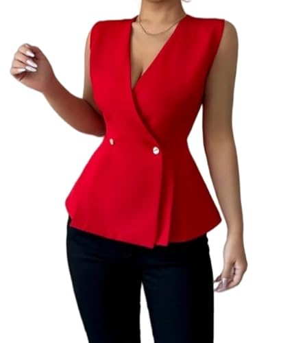 YONGHONGKEJI Anzugweste Damen,Damen Zweireihige Weste Weste Top Lässig Ärmellos V Ausschnitt Crop Tank Top Retro Elegant Smoking Anzug Weste Racerback Punk Streetwear Rot Xl von YONGHONGKEJI