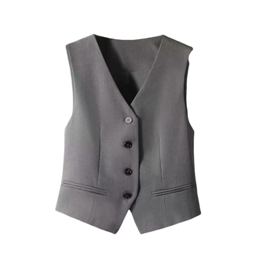 YONGHONGKEJI Anzugweste Damen Damen Weste mit Knopfleiste Lässig Schmale Passform Ärmellos V Ausschnitt Kurzes Tanktop Retro Elegant Smokinganzug Weste Racerback Punk Streetwear Grau S von YONGHONGKEJI