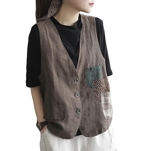 YONGHONGKEJI Anzugweste für Damen,Damen Weste Aus Reinem Leinen Retro Ärmellos Leinen Button Down Anzugweste Drei Taschen Sommer V Ausschnitt Bauchfreies Top Leichter Sommermantel Khaki Xl von YONGHONGKEJI