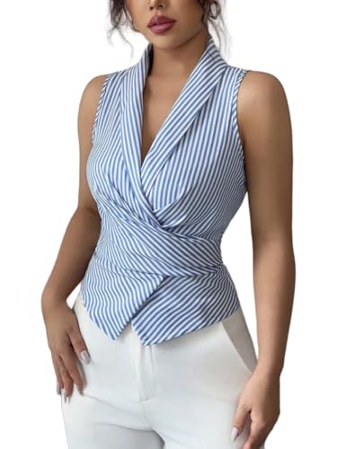 YONGHONGKEJI Blazer Damen Elegant Gestreifte Westen für Damen Zum Binden Hinten Lässig Ärmellos V Ausschnitt Kurzes Tanktop Retro Elegant Smokinganzug Weste Racerback Punk Streetwear Blau M von YONGHONGKEJI