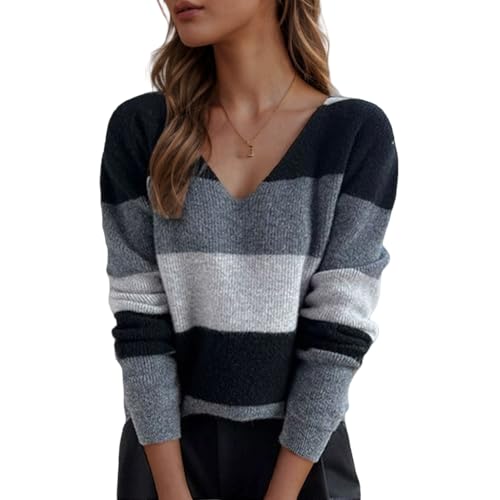 YONGHONGKEJI Damen Pullover,Langarm Oberteile für Damen Leichte Strickpullover mit V Ausschnitt Lässiges Gestreiftes Sweatshirt T Shirt Lässige Graue Tunika für Winter Herbst Frühling Schwarz XL von YONGHONGKEJI