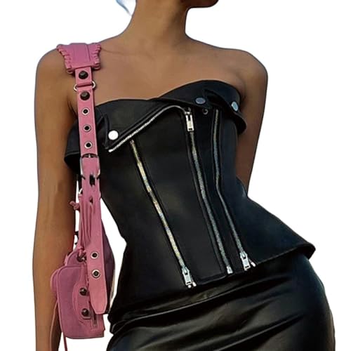 YONGHONGKEJI Damen Vintage Y2K Weste Crop Lederweste Umlegekragen Tube Tops Ärmelloses Bustier Taillierte Pu Mit Reißverschluss Hippie Gothic Motorrad Biker Schwarz L von YONGHONGKEJI