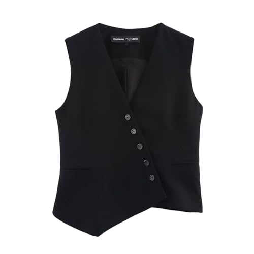 YONGHONGKEJI Damen Westen,Damenwesten Asymmetrisches Revers V Ausschnitt Einreihig Anzugweste mit Taschen Ärmellos Blazer Jacken Racerback Punk Streetwear Schwarz M von YONGHONGKEJI