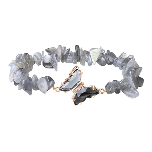 YONGHONGKEJI Kristallarmbänder für Frauen Unregelmäßige Steinarmbänder Kristall Schmetterlings Chakra Armreifen Reiki Heilungsedelstein Yoga Steinperlenarmbänder Grauer Mondstein von YONGHONGKEJI