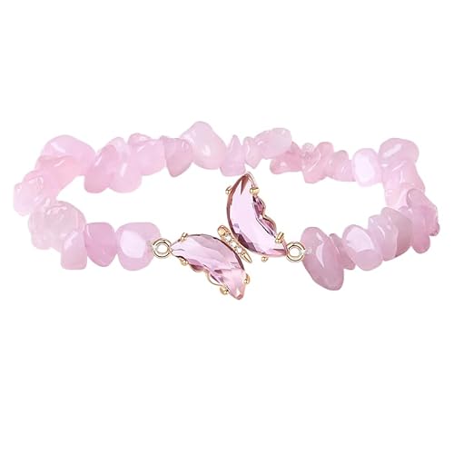 YONGHONGKEJI Kristallarmbänder für Frauen Unregelmäßige Steinarmbänder Kristall Schmetterlings Chakra Armreifen Reiki Heilungsedelstein Yoga Steinperlenarmbänder Rosenquarz von YONGHONGKEJI