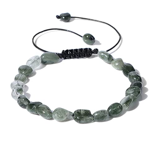YONGHONGKEJI Natürliches Chakra Edelstein Kristallarmband Für Frauen, Unregelmäßiger Grüner Rutilstein Perlenarmreif, Verstellbarer Chakra Charm, Passender Armreif Für Männer, von YONGHONGKEJI