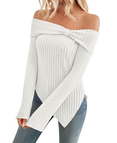 YONGHONGKEJI Oberteile Damen,Damen Casual Langarm Pullover Herbst Slim Fit Off Shoulder Bluse Trägerlos Asymmetrisch Tube Top Strickpullover Elegante Pullover für Arbeit Ausgehen Weiß L von YONGHONGKEJI
