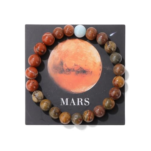 YONGHONGKEJI Planetenarmband Sonnensystem Universum Galaxie Naturstein Perlenarmbänder für Frauen Stretch Armreif Acht Planeten Schutzstern Armbänder für Männer Astronomie Geschenke Mars + Karte von YONGHONGKEJI