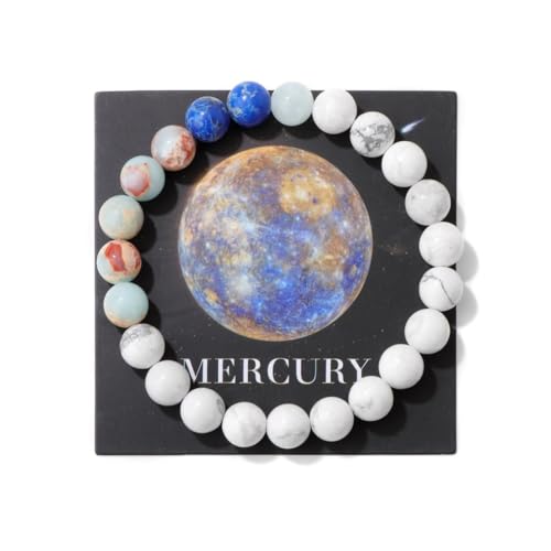 YONGHONGKEJI Planetenarmband Sonnensystem Universum Galaxie Naturstein Perlenarmbänder für Frauen Stretch Armreif Acht Planeten Schutzstern Armbänder für Männer Astronomie Geschenke Merkur + Karte von YONGHONGKEJI