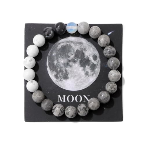 YONGHONGKEJI Planetenarmband Sonnensystem Universum Galaxie Naturstein Perlenarmbänder für Frauen Stretch Armreif Acht Planeten Schutzstern Armbänder für Männer Astronomie Geschenke Mond + Karte von YONGHONGKEJI