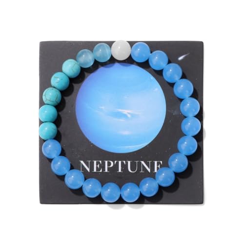 YONGHONGKEJI Planetenarmband Sonnensystem Universum Galaxie Naturstein Perlenarmbänder für Frauen Stretch Armreif Acht Planeten Schutzstern Armbänder für Männer Astronomie Geschenke Neptun + Karte von YONGHONGKEJI