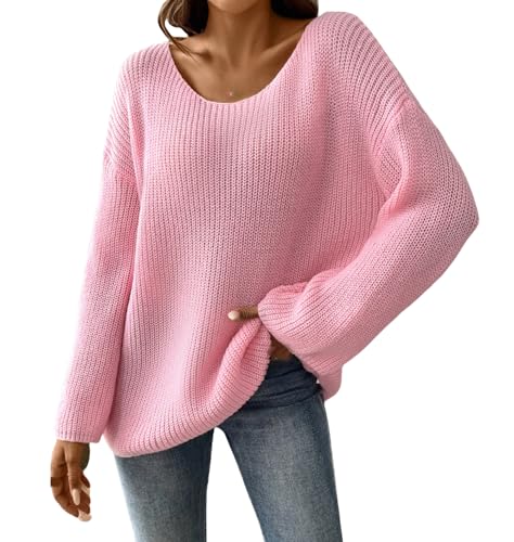 YONGHONGKEJI Tops für Damen Damenpullover, Rundhalsausschnitt, Gerippter Strickpullover, Lockere Passform, Pullover für Damen, Lässiger Basic Pullover mit Langen Ärmeln, Strickpullover Oberteile von YONGHONGKEJI